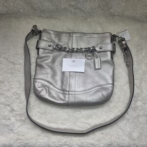 2012 Coach Metallic Silver Leather Chain Duffle Crossbody #F19722 (NWT)